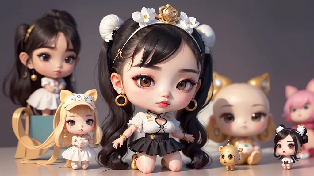 The image shows a group of anime-style dolls. The main doll is a young girl with long black hair and brown eyes. She is wearing a white and black dress with a gold crown on her head. She is kneeling on the ground and has a serious expression on her face. She is surrounded by several other dolls, including a blonde girl in a white dress, a boy in a tiger onesie, and a girl with pink hair and cat ears. The dolls are all arranged in a group around the main doll. The background is a simple grey gradient.