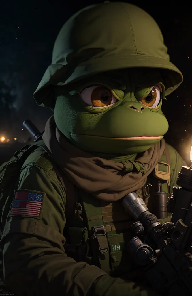 This is a photo of a frog wearing a green army helmet and a brown scarf. It is looking at the camera with a serious expression. It is wearing a military-style uniform and has a gun on its shoulder. There is a fire in the background.