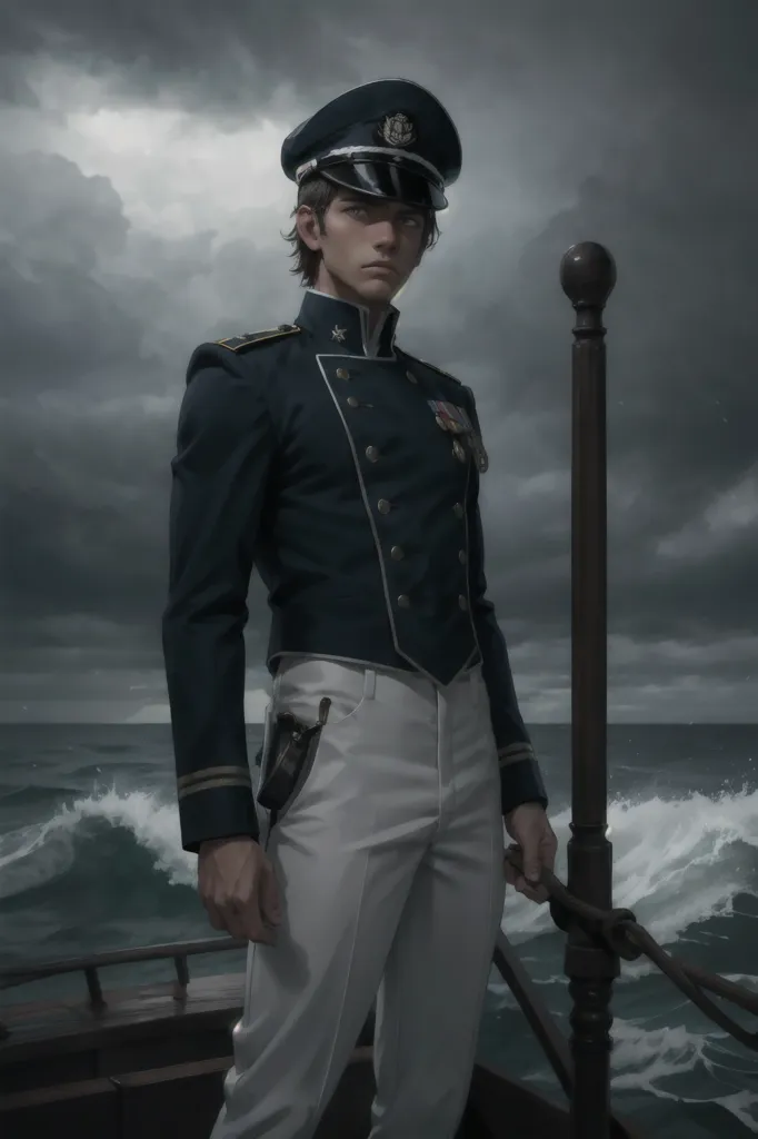 The man stood on the deck of the ship, his feet shoulder-width apart. He wore a black uniform with gold epaulettes and a white shirt. His cap was pulled down low over his eyes, and he had a serious expression on his face. The ship was being tossed around by the waves, but the man stood firm. He looked out at the sea, his eyes scanning the horizon. He was looking for something, but he didn't know what.