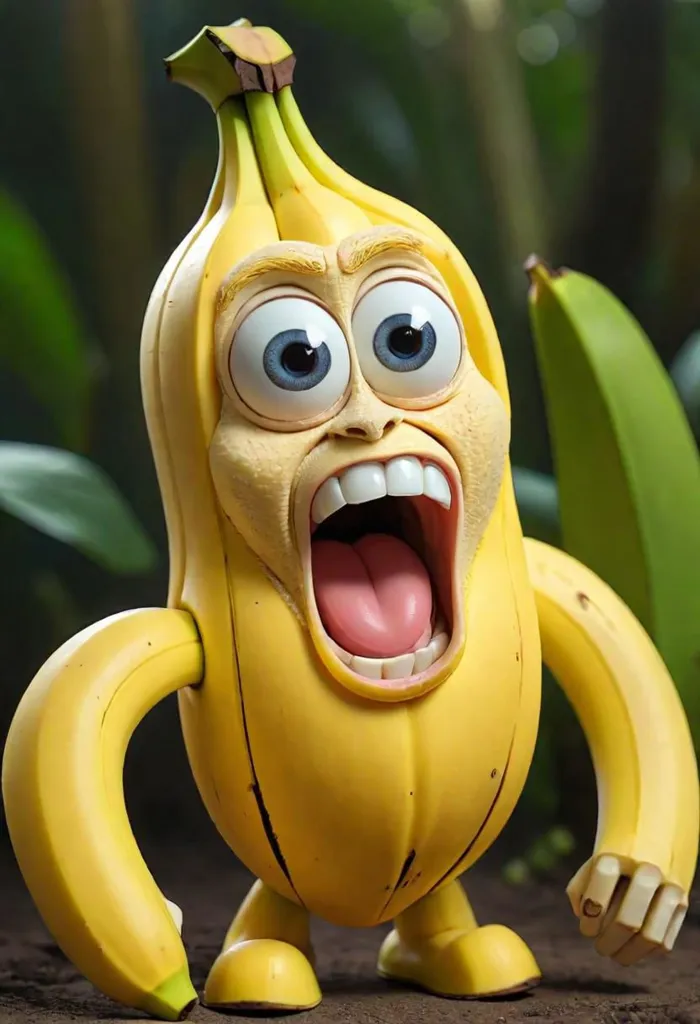 The image shows a 3D rendering of a banana with a human face. The banana is standing on the ground with its arms at its sides. It has a surprised expression on its face, with its mouth open and its eyes wide. The banana is yellow and has brown spots. The background is a blur of green leaves.