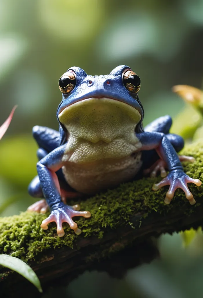 This is a photo of a blue frog sitting on a branch. The frog has bright yellow eyes and light blue skin. Its feet are a darker blue color. The branch is covered in moss. The background is green and out of focus.