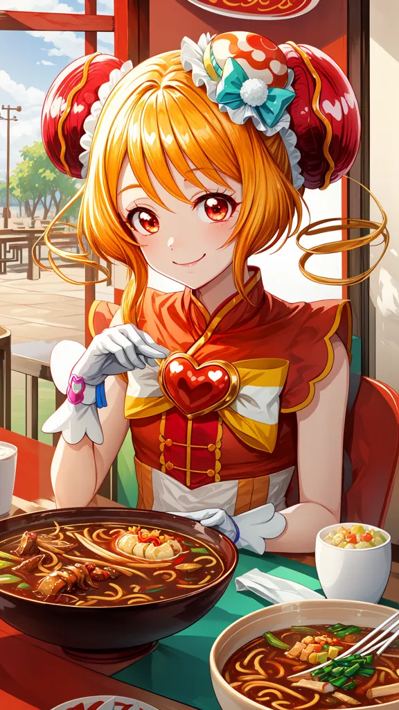 The image shows a young girl sitting in a restaurant eating a bowl of noodles. The girl has long orange hair and is wearing a red and yellow cheongsam-style dress. She has a heart-shaped pendant on her chest. The restaurant is decorated with red lanterns and there are chopsticks on the table.