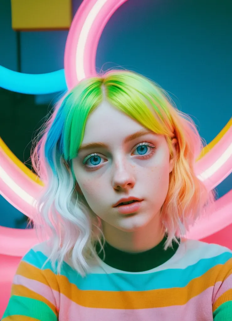 The picture shows a young woman with an unusual hair color. Her hair is bright green, yellow, and white. The woman's eyes are blue, and her skin is fair. She is wearing a striped shirt and has a serious expression on her face. There are several neon circles of different colors behind her.