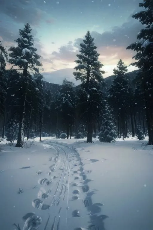 The image is a beautiful winter landscape. The snow is falling heavily, and the trees are covered in a thick blanket of white. The only sound is the gentle crunching of the snow underfoot. The scene is peaceful and serene, and it讓人感覺仿佛置身於童話世界。