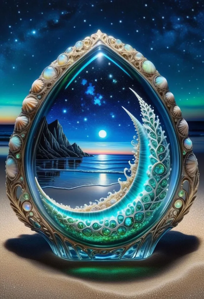 The image is a beautiful depiction of a seascape. The foreground is a sandy beach with a gentle surf. The water is a deep blue color, and the sky is a dark blue with a bright, shining moon. There are also some clouds in the sky. The image is framed by an ornate, gold-colored frame with pearls and shells.