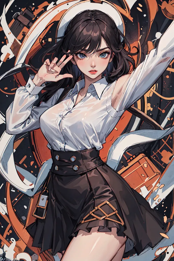 The image is of a young woman with long dark hair and blue eyes. She is wearing a white blouse with the collar unbuttoned and a dark brown skirt. She has a confident expression on her face and is holding her right hand up in the air. She is surrounded by what appears to be energy or particles of some kind.
