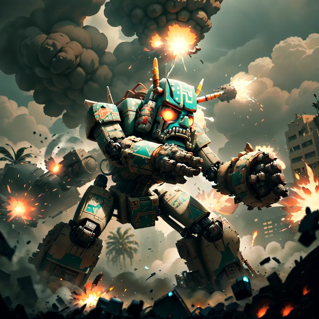 The image shows a large, green and brown robot standing in the middle of a war zone. The robot has a skull-like head with two large horns and a red glowing eye. It is also wearing a loincloth and has a large gun in each hand. The robot is surrounded by smoke and debris, and there are several explosions in the background.