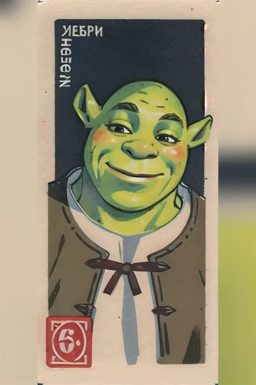 这张图像是一幅肖像画,描绘了来自同名动画电影系列的虚构角色Shrek,一个大型绿色人形生物,有一个圆肚子,面带友善表情。他穿着一件棕色背心和一件白衬衫,领口系着一条红色丝带。背景是深绿色,图像被一个浅棕色的边框包围,右下角有一个红色圆圈中写着\