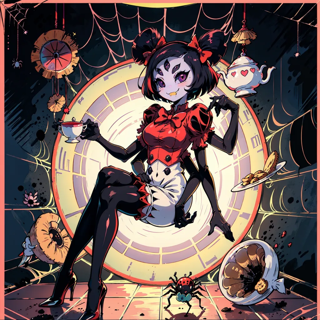 这张图片是来自独立游戏"Undertale"中的Muffet。她是一个类蜘蛛的生物,有黑色头发和红色眼睛,穿着一件红白相间的连衣裙。她坐在一张蜘蛛网上,周围摆满了茶杯、茶托和其他物品。地板上有一只蜘蛛。