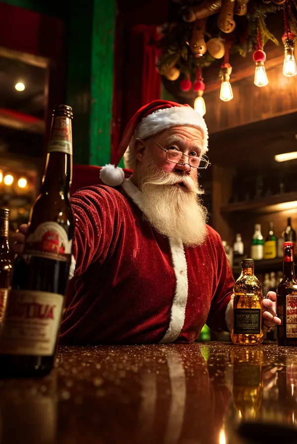 There is a photo of Santa Claus sitting at a bar. He is wearing his traditional red suit and white-trimmed hat, and he has a long white beard. He is holding a bottle of beer in one hand and a glass of whiskey in the other hand. There are several bottles of liquor on the bar. Santa is sitting on a bar stool, and he has a slight smile on his face. He is looking at the camera. Behind him is a wall with a green door and a wreath with a red bow hanging on it. There are also some lights hanging from the ceiling.