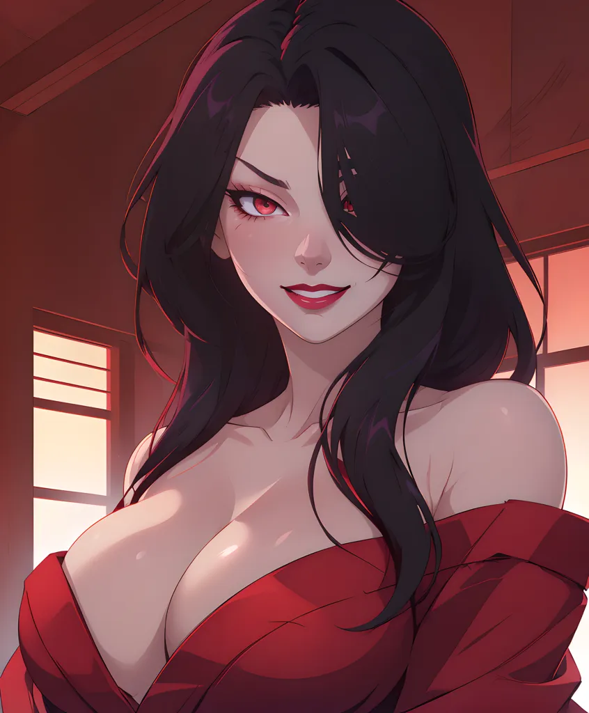 The picture shows a beautiful woman with long black hair and red eyes. She is wearing a red dress with a low neckline and has a seductive expression on her face. She is standing in front of a dark red background, which makes her stand out. The image is very detailed and realistic, and the woman's expression is both alluring and mysterious.