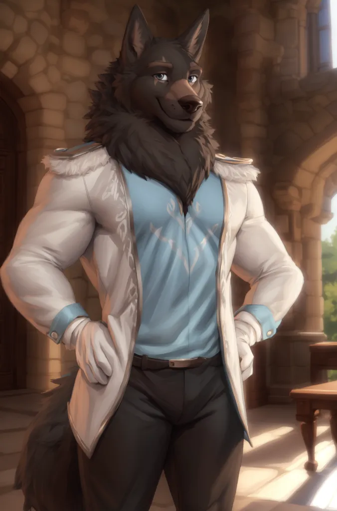 The image is of a muscular wolf anthropomorphic character with dark fur and blue eyes. He is wearing a white and blue military-style uniform with gold trim and white gloves. He has a confident expression on his face and is standing with his hands on his hips. The background is a blurred image of a castle interior.