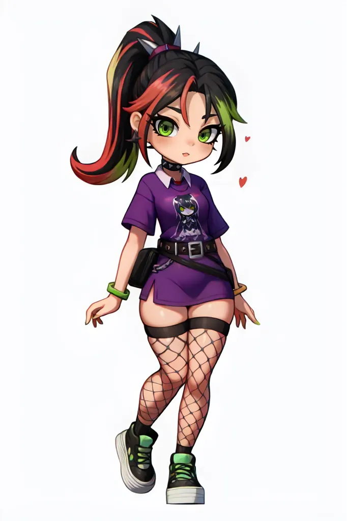 The image is of an anime girl with a green and red ponytail, green eyes, and a purple shirt. She is wearing a black belt, a green and black fishnet stockings, and green and white sneakers. She has a black choker on her neck and a green bracelet on her right wrist. She is also carrying a black bag on her right side.