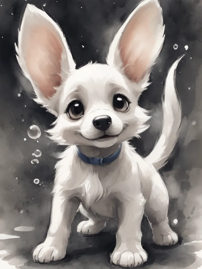 This is a picture of a cute puppy. It has big ears and a fluffy tail. Its fur is white and it has a blue collar. It is standing on a dark background and there are bubbles floating around it. The puppy is looking at the viewer with its big, round eyes. It seems to be happy and playful.