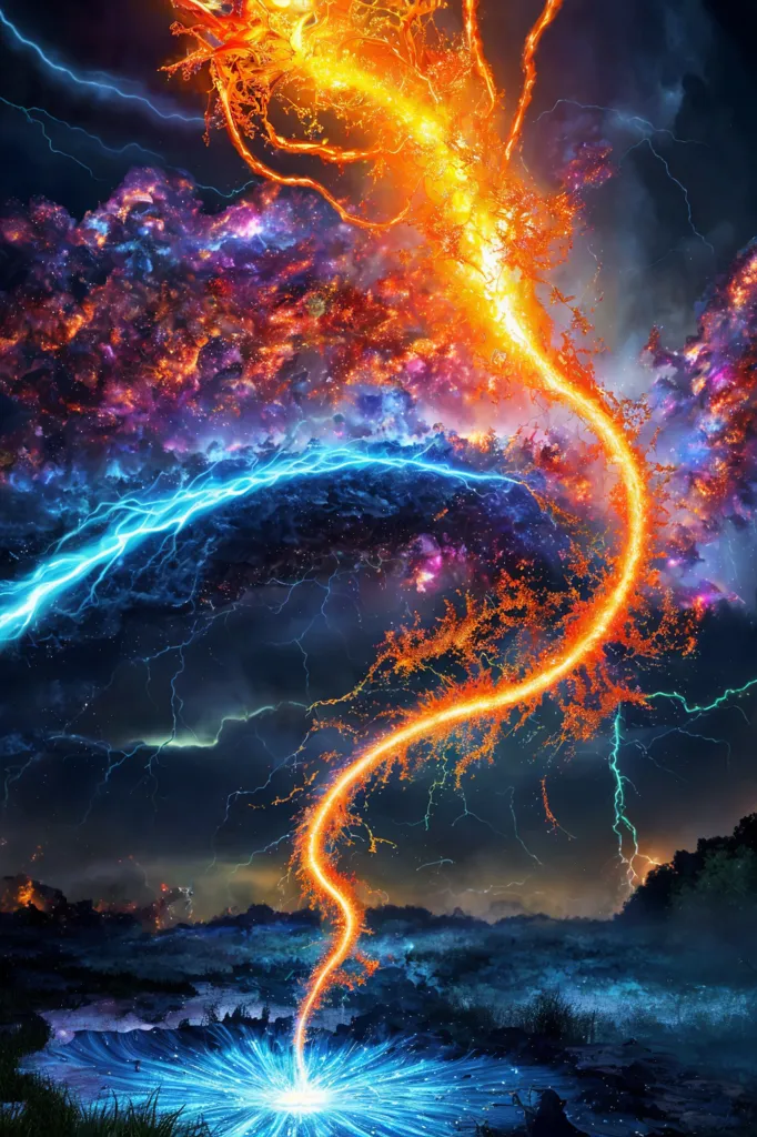 A powerful and destructive force of nature is depicted in the image. There is a huge tornado of fire and lightning that is destroying everything in its path. The tornado is surrounded by dark clouds and lightning bolts. The ground is scorched and cracked, and the trees are all burned and broken.