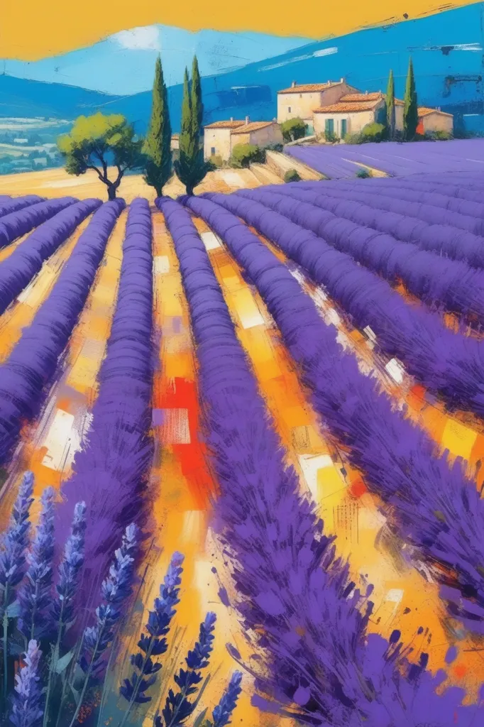 This is a painting of a lavender field in Provence, France. The lavender is in full bloom and the air is filled with its sweet scent. The field is surrounded by tall cypress trees and a small village can be seen in the distance. The painting is done in a loose, impressionistic style and the colors are vibrant and saturated.