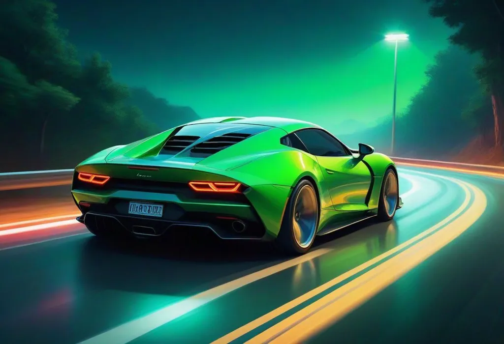 A green sports car is driving on an asphalt road. The car is moving at high speed. The road is surrounded by trees. The sky is dark. The car is lit by a street lamp. The car is blurred. The background is in focus. The image is in the style of digital art.