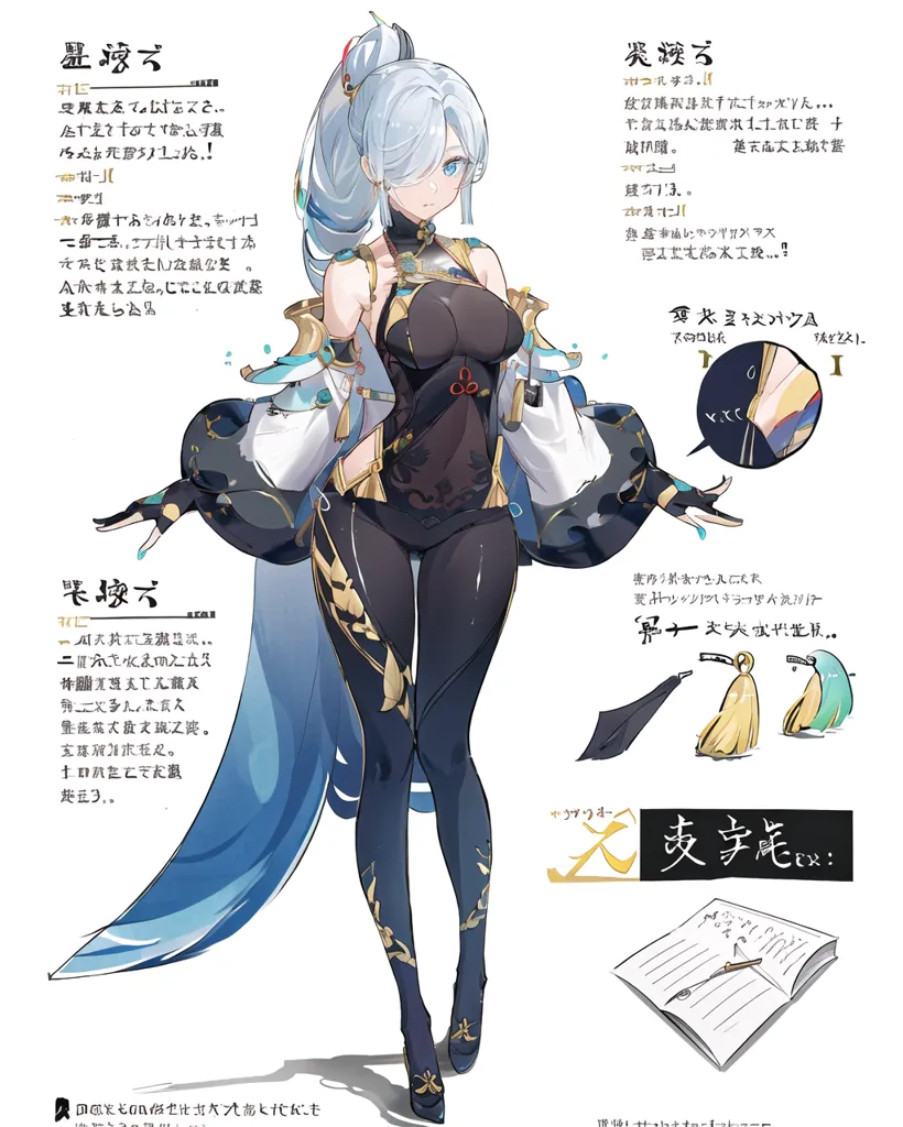 The girl has long silver hair and blue eyes. She wears a white and blue旗袍with a high collar and a long slit on one side. The dress is decorated with gold and silver trim, and she wears a white and blue hairpiece. She also wears a pair of white gloves and a pair of blue and white shoes. She is standing in a scenic, natural setting with mountains, water, and trees in the background.