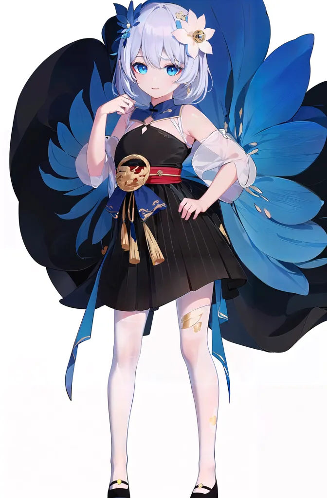 The image is a beautiful anime girl with white hair and blue eyes. She is wearing a black dress with a blue flower pattern and a white bow in her hair. She is also wearing a pair of black shoes. The background is white.