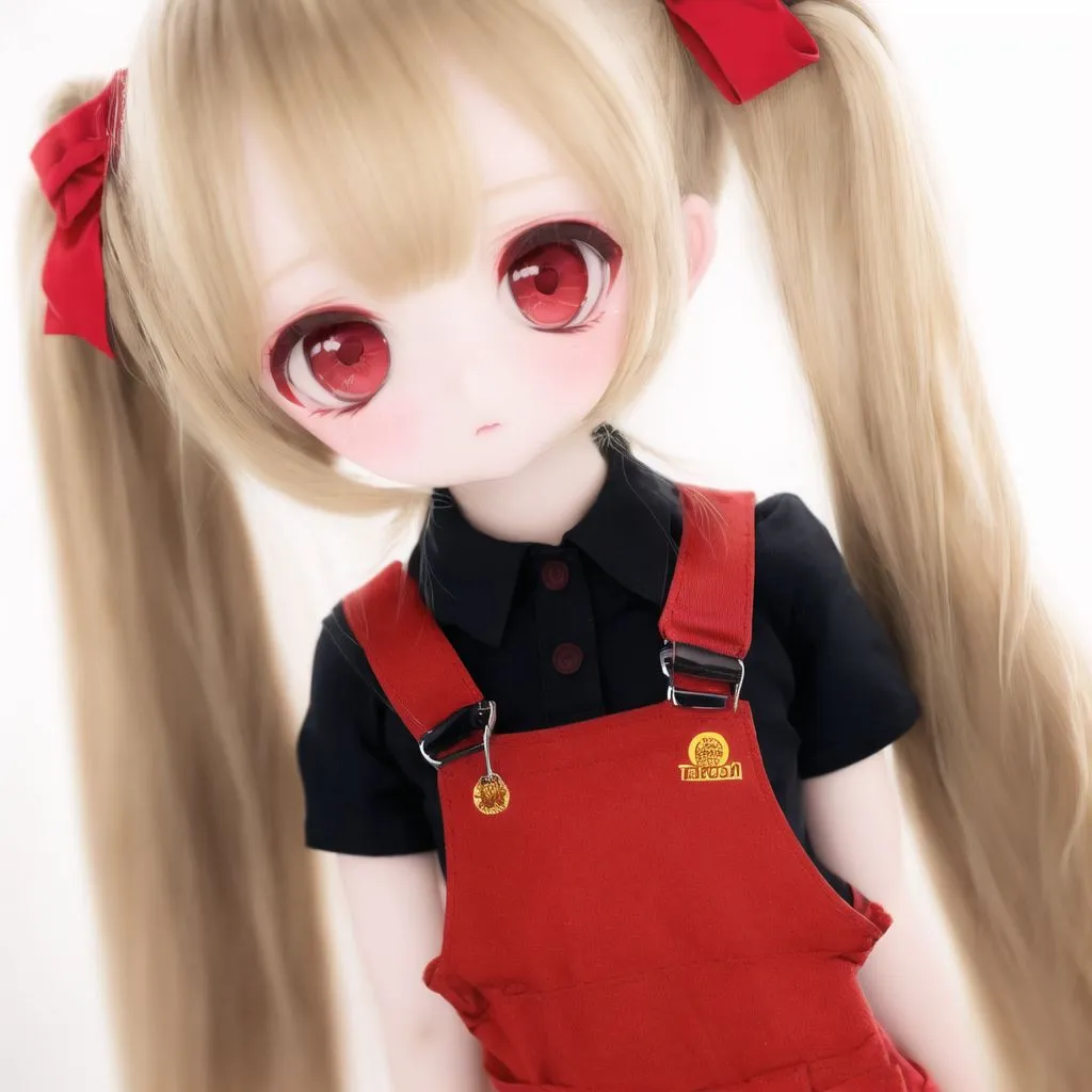 The image shows a doll with long blonde hair tied in twintails with red ribbons. She is wearing a black short-sleeved shirt with red overalls. There is a badge on the overalls. The doll has red eyes and a pouty expression on her face.