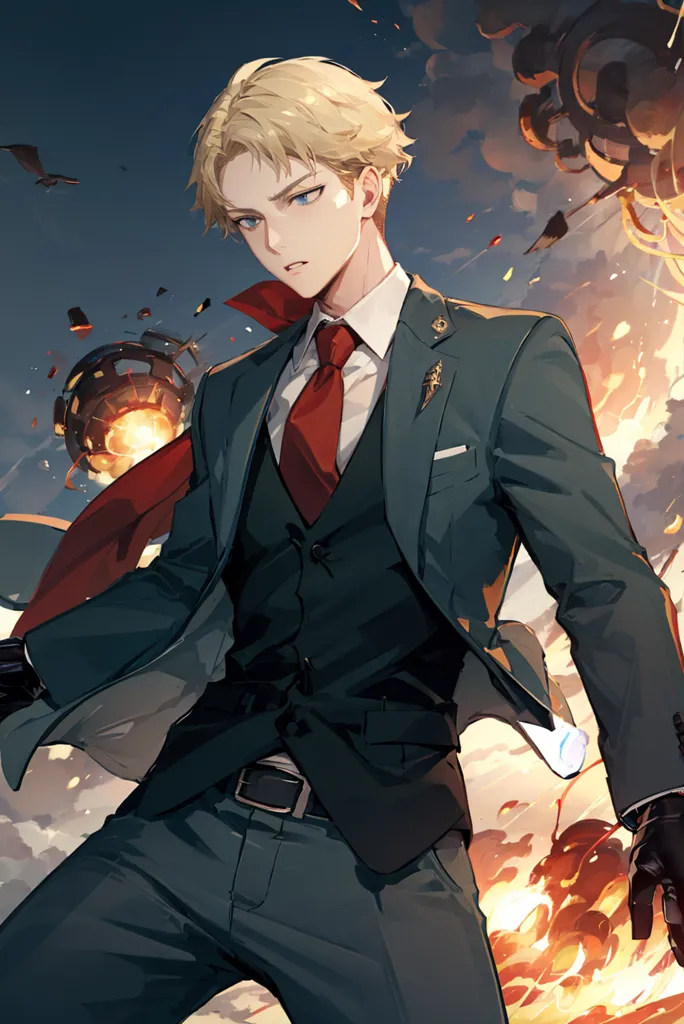 The image shows a young man with blond hair and blue eyes wearing a dark green suit and red tie. He is standing in a dramatic pose, with one hand outstretched and the other holding a gun. There are explosions and debris flying in the background, suggesting that he is in the midst of a battle. The man's expression is one of determination and focus, and he seems to be ready to face whatever challenges come his way.