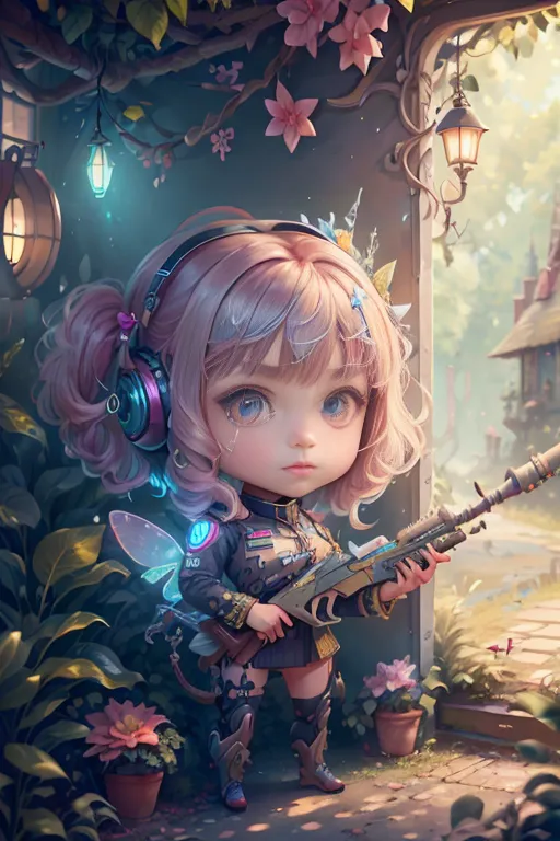 The image shows a little girl with pink hair and blue eyes. She is wearing a military uniform and holding a gun. There are flowers and plants around her. The background is a house. The girl is standing in front of the door.