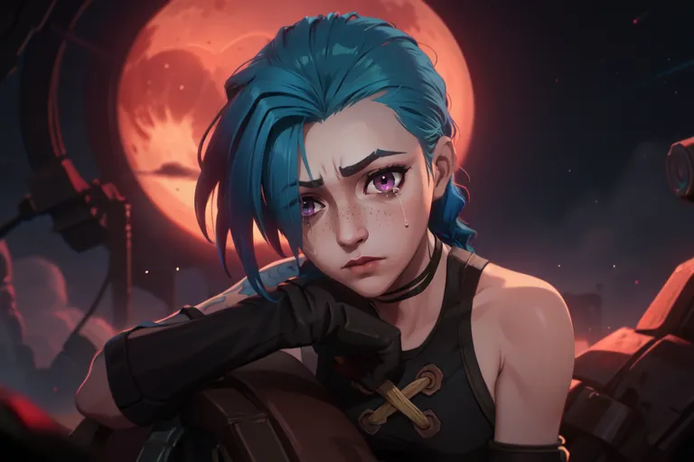 This is an image of a young woman with blue hair and purple eyes. She is sitting in front of a red moon. She is wearing a black leather jacket and a white shirt. She has a sad expression on her face.