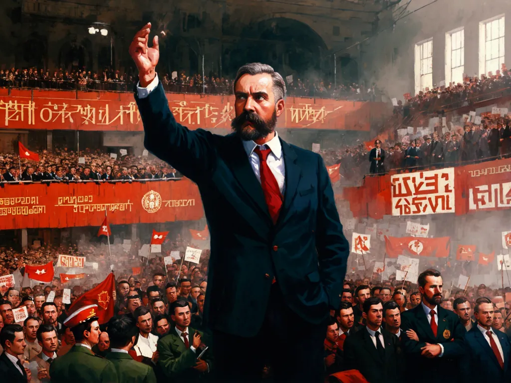 The image shows a man giving a speech in front of a large crowd. The man is dressed in a suit and tie, and he has a beard. He is standing on a stage, and there is a large red banner behind him. The crowd is holding red flags, and they are all looking at the man. The man is speaking passionately, and he is gesturing with his hands. The crowd is listening intently, and they are all caught up in the moment.