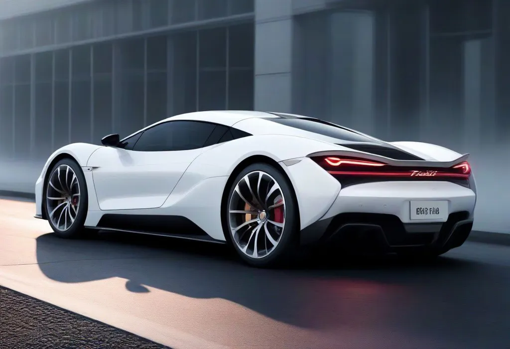 A white sports car is shown in the image. The automobile has a futuristic design, with sleek lines and a low profile. The car is also very aerodynamic, with a pointed front end and a rear diffuser. The car has black wheels and red brake calipers. The car is parked in a city, and there are buildings in the background.