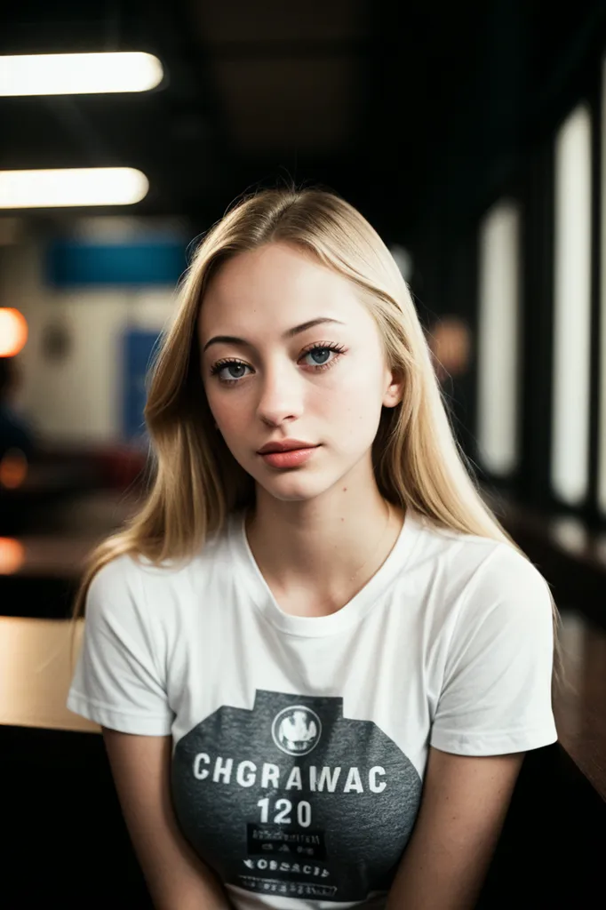 photo of seductive (sophd1am0nd-135:0.99), a beautiful woman as a sexy student, perfect blonde hair, (tight Pewter graphic tee), at an (80s style) cantina sitting bar, 24mm, (analog, cinematic, film grain:1.3), detailed eyes, (seductive pose), (epicPhoto), (looking at viewer), (cinematic shot:1.3), PA7_Portrait-MCU