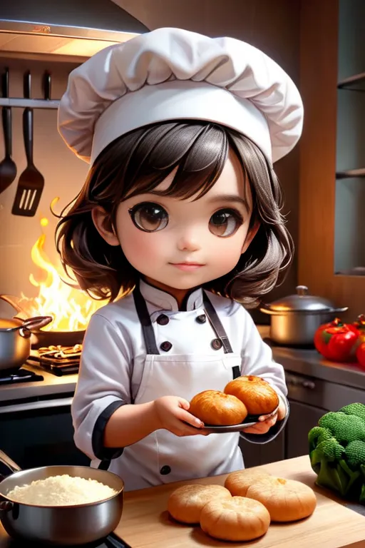 The picture shows a little girl dressed as a chef. She is standing in a kitchen, holding a plate of bread. There are pots and pans on the stove behind her, and a bowl of vegetables on the counter. The girl has brown hair, brown eyes, and is wearing a white chef's hat and coat. She has a smile on her face and looks happy to be cooking.