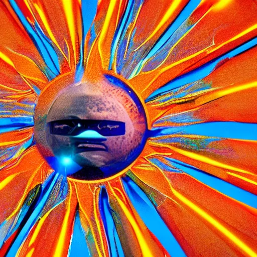 This image is a depiction of the sun. It is a large, round object with a face that is partially obscured by sunglasses. The sun is surrounded by a series of concentric rings, which are made up of alternating bands of orange and blue. The rings are surrounded by a field of blue, which is filled with a series of radial lines. The image is very colorful and has a somewhat psychedelic feel to it.