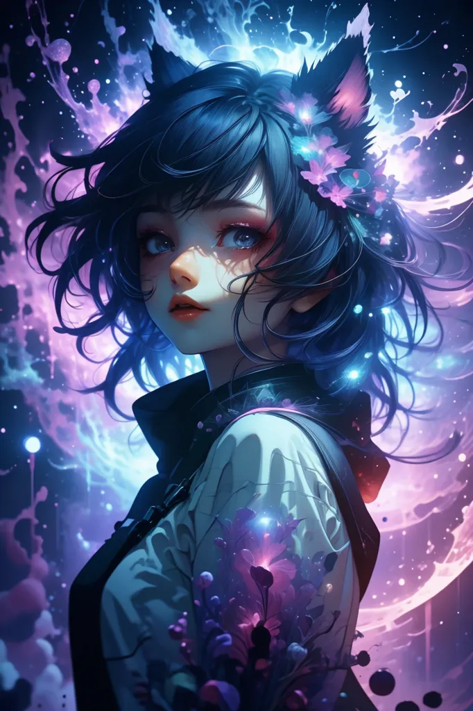 The picture shows a beautiful anime-style girl with blue hair and eyes. She is wearing a white shirt and a black jacket. She has cat ears and a tail. There are some flowers in her hair. She is standing in front of a blue and purple background with a bright light in the center.