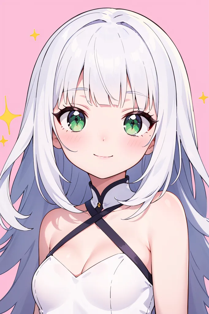 The image is of an anime-style girl with long, white hair and green eyes. She is wearing a white dress with a black choker. The background is pink.