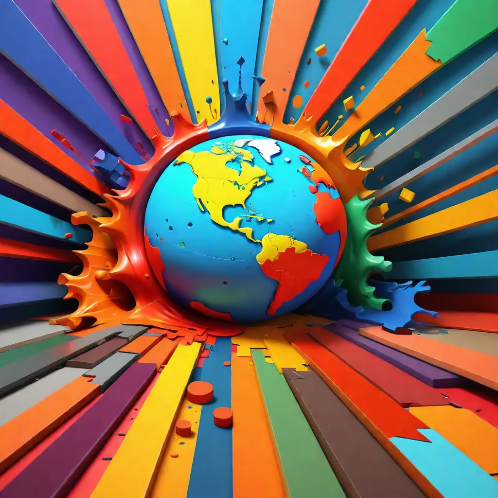 This is an image of a 3D globe with bright colors. The globe is blue and green, and it is surrounded by a rainbow of colors, including red, orange, yellow, green, blue, and purple. The colors are in the form of stripes, and they are all very bright. The globe is in the center of the image, and it is surrounded by the stripes of color. The stripes are all different widths, and they are all arranged in a random order. The image is very colorful and bright, and it has a very modern feel to it.