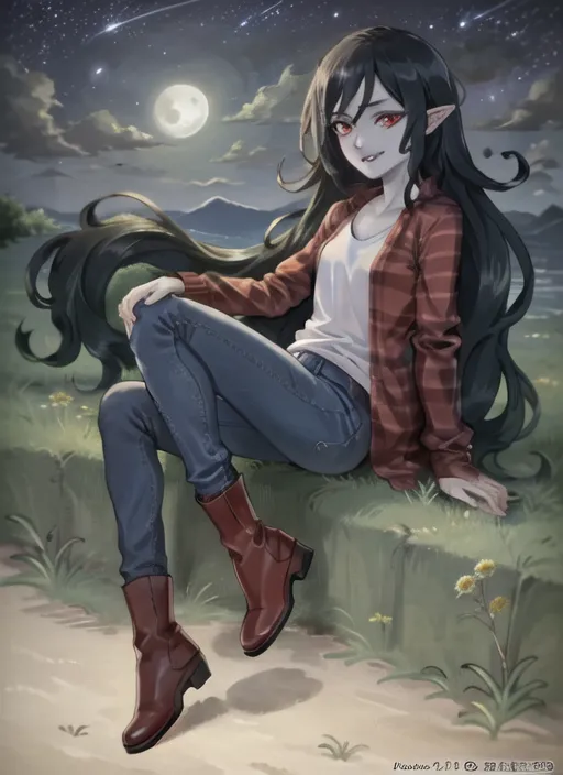 这张图片是来自动画电视剧《探险时光》中的角色Marceline。她被描绘成一个有着长黑发、红眼睛和苍白肤色的年轻女性。她穿着一件白色T恤、一件红色法兰绒衬衫和蓝色牛仔裤。她还戴着棕色靴子和一个红色蝴蝶结发饰。她坐在一个草丘上,背景是一轮明月。山丘上还有一些小花。这幅图画采用了写实风格,色彩鲜艳饱和。