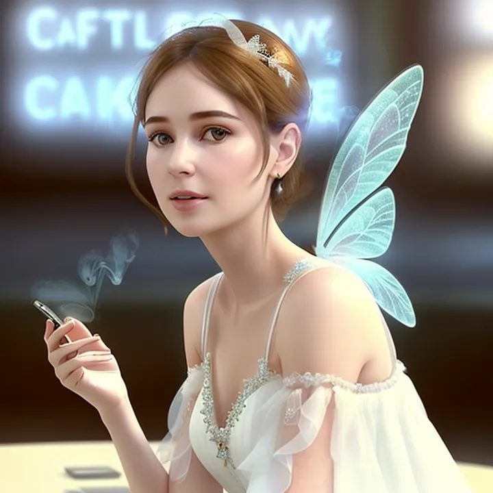 The image is of a beautiful woman with long brown hair, blue eyes, and a perfect complexion. She is wearing a white dress with a sweetheart neckline and a full skirt. She has a pair of butterfly wings that are a light blue color and have white tips. The woman is sitting in a cafe and is smoking a cigarette. She has a pensive expression on her face.