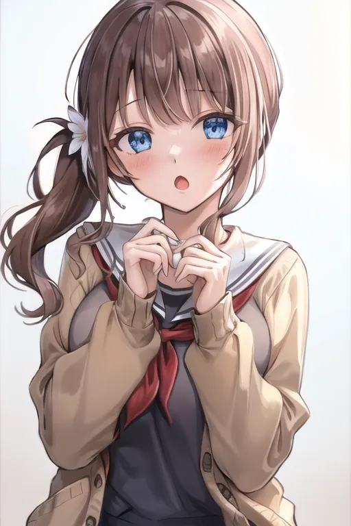 This is an image of an anime girl with brown hair and blue eyes. She is wearing a white shirt with a red ribbon, a tan blazer, and a brown skirt. Her hair is tied in a ponytail and she has a flower in her hair. She is looking at the viewer with a surprised expression on her face and has her hands on her chest.