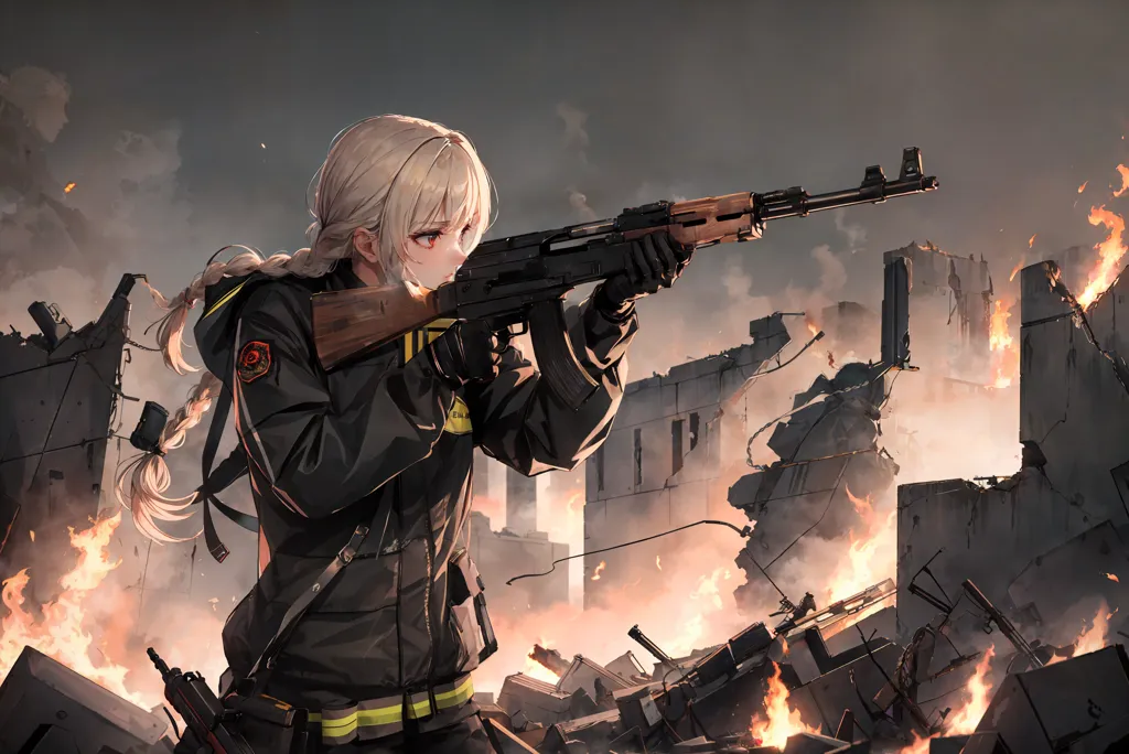 The image is of a young woman with long white hair and red eyes. She is wearing a black military-style jacket and black pants. She is holding an assault rifle and there are ruins of a city in the background. The sky is dark and there are flames.