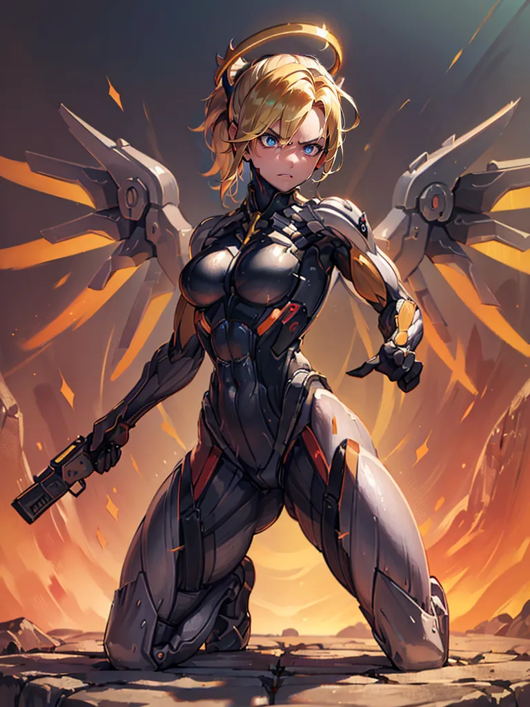 The image is of a young woman with blonde hair and blue eyes. She is wearing a black and yellow bodysuit with a white halo over her head. She has a gun in her right hand and is pointing her left hand forward. She is standing in a kneeling position on a rocky surface with an explosion in the background.