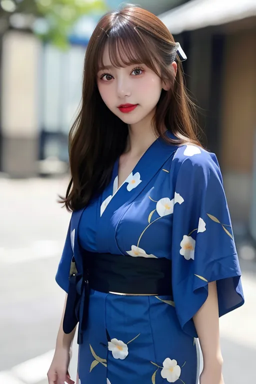 The image shows a young woman wearing a blue kimono with a white floral pattern. The kimono is tied with a black obi sash. The woman has long, dark brown hair that is styled in a hime cut with bangs. The hime cut is a traditional Japanese hairstyle that is often worn by young women. The woman's makeup is natural and she is wearing a light shade of pink lipstick. She is also wearing a white ribbon in her hair. The woman is standing in a street in Japan. The background is blurred and there are people walking in the distance.