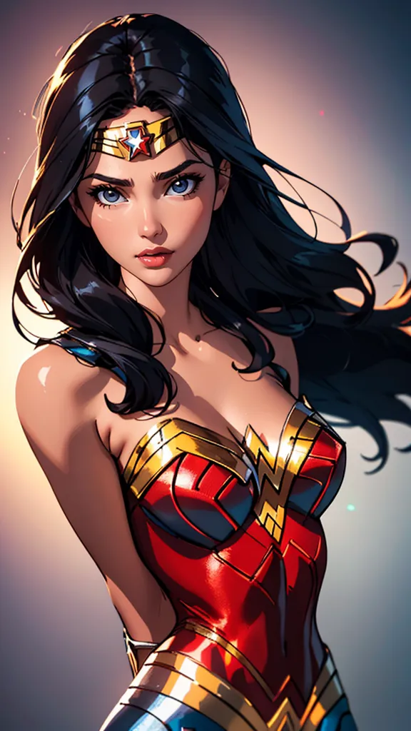 This is an image of Wonder Woman. She is a superhero who appears in DC Comics. She is known for her strength, courage, and compassion. She is also a symbol of hope and justice. In this image, she is wearing her iconic red, white, and blue costume. She has her hair down and her eyes are blue. She is standing with her arms crossed and she has a confident expression on her face.