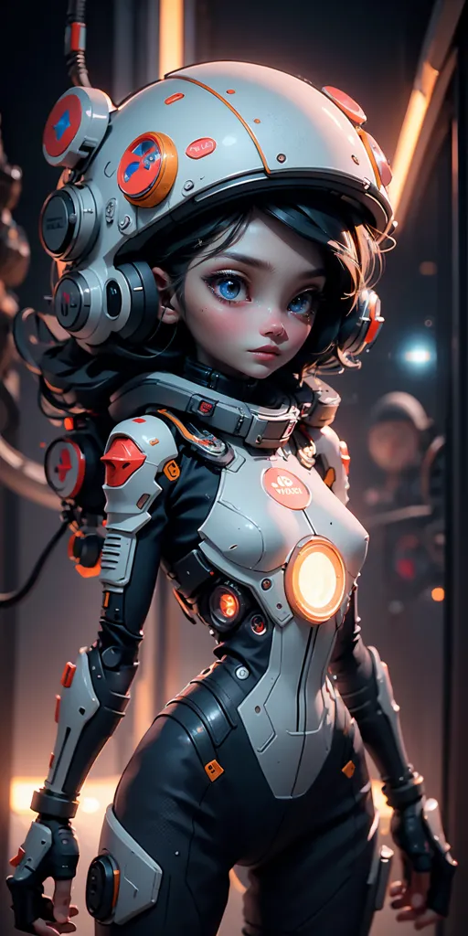 This is an image of a young girl in a futuristic spacesuit. She has short black hair and blue eyes, and she is wearing a white and gray spacesuit with orange accents. The spacesuit has a lot of buttons and gadgets on it, and she is also wearing a helmet. The girl is standing in a dark room, and there is a bright light behind her.