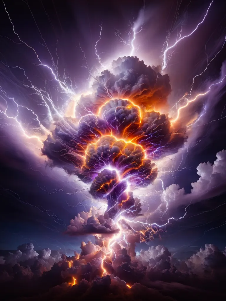 A powerful and destructive storm is depicted in the image. Dark clouds fill the sky, and lightning bolts strike down from the heavens. The storm is likely to cause widespread damage and loss of life. It is a dangerous and frightening sight, and it is important to take precautions to stay safe during such a storm.