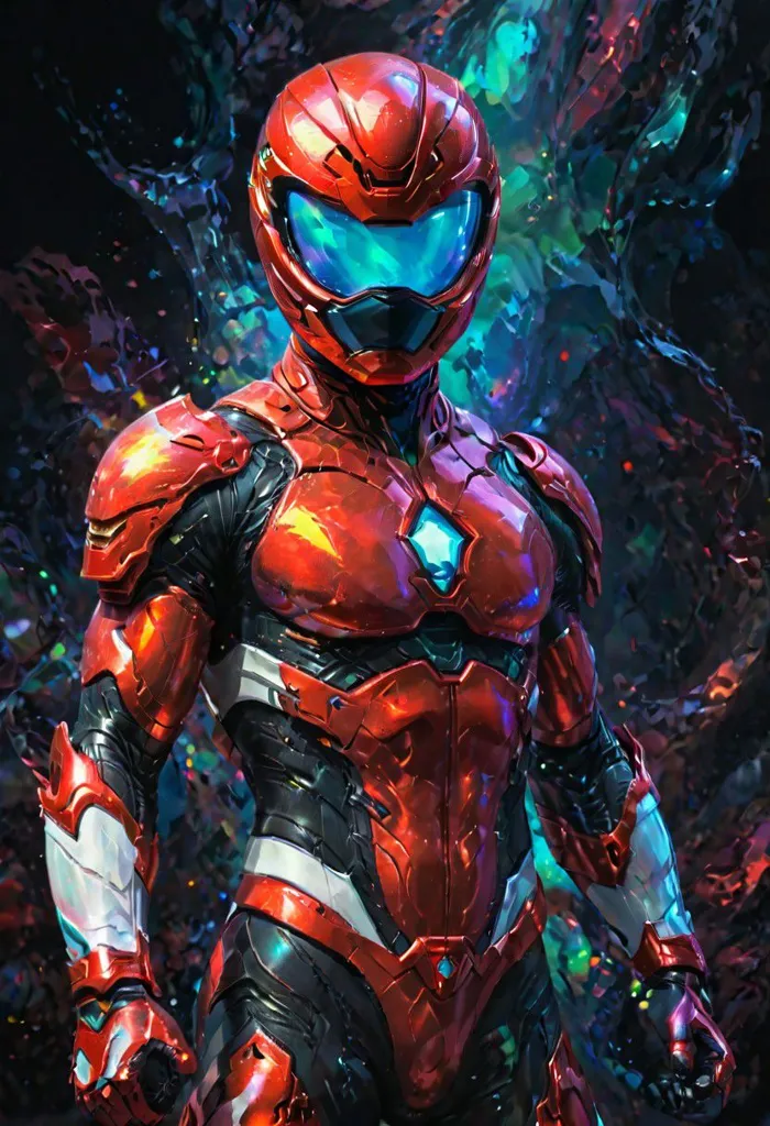 The image shows a superhero wearing a red and black suit. The suit has a red helmet with a blue visor. The superhero is standing in a dark place with colorful lights in the background.