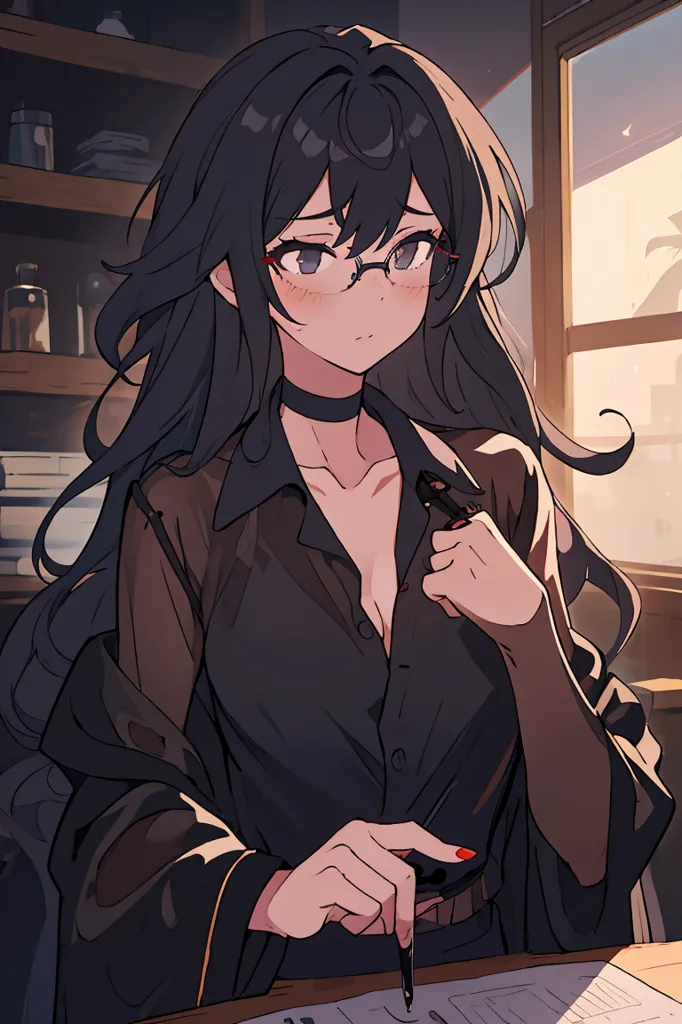 A young woman with long black hair and red eyes is sitting at a desk. She is wearing a white shirt and a black jacket. She is looking at the viewer with a serious expression. There is a quill pen in her hand and some papers on the desk.