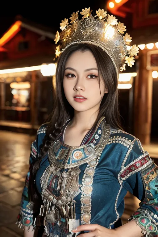 图像显示一位身穿传统中国服饰的年轻女性。她穿着一件蓝色上衣,上面有银色和金色的装饰,头戴一顶银色的头饰,上面有金色的花朵。这位女士有着长长的黑发,微微一笑地看着镜头。背景是模糊的,看起来像是一条街道,有红色的灯笼挂在建筑物上。