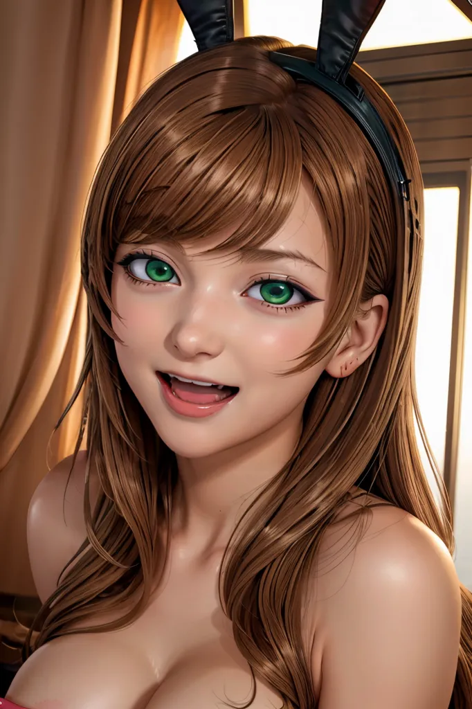 1girl, <lora:Sanada Minako:0.9>, aaminako, long hair, large breast, brown hair, green eyes, bangs, evil smile, open mouth, playboy bunny, indoors, rabbit ears, rabbit tail, looking at viewer, cowboy shot, nightclub,