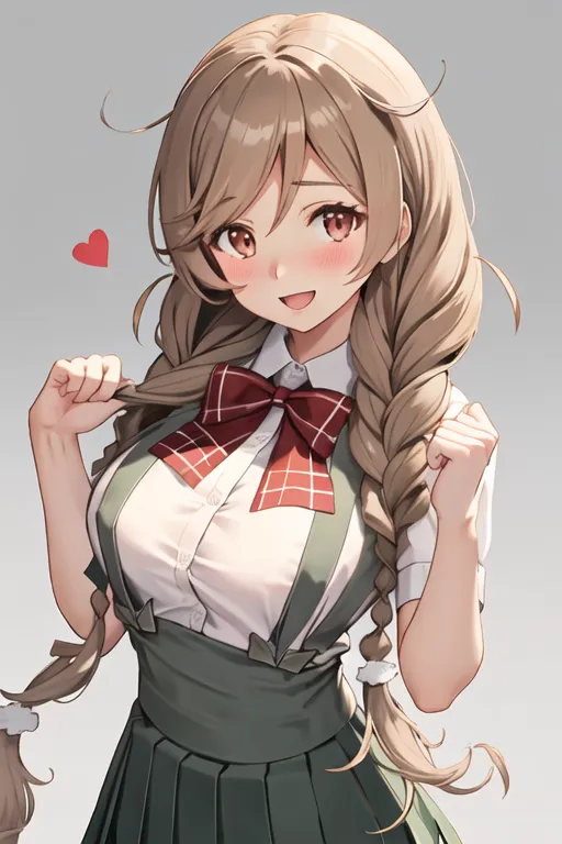 The image shows an anime girl with brown hair and brown eyes. She is wearing a white shirt, a green skirt, and a red bow tie. She has a happy expression on her face and is pulling her hair with both hands.