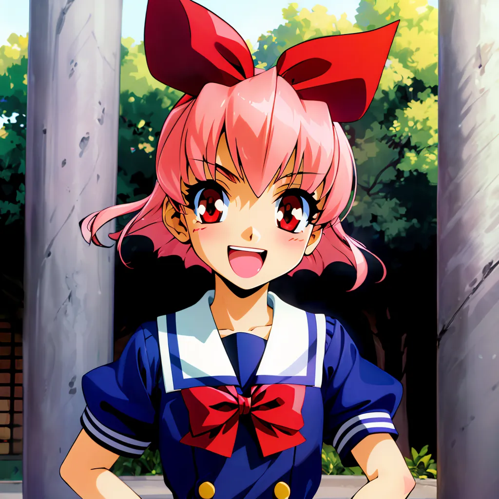 The image shows an anime-style girl with pink hair and red eyes. She wears a blue and white sailor uniform with a red bow. She has a happy expression on her face and seems to be excited about something. The background is a blur of green, which suggests that she is outside.